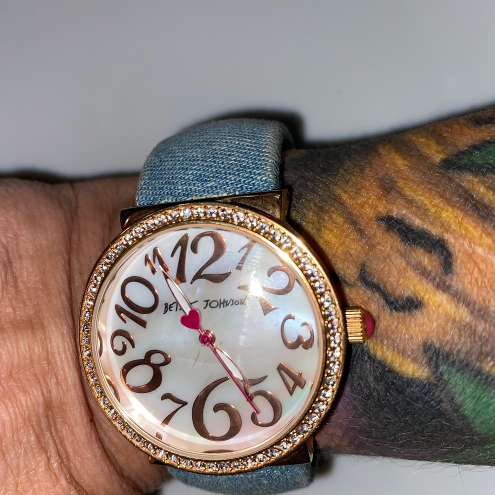 Betsey Johnson large round face watch goldtone numbers denim hinge cuff faceted